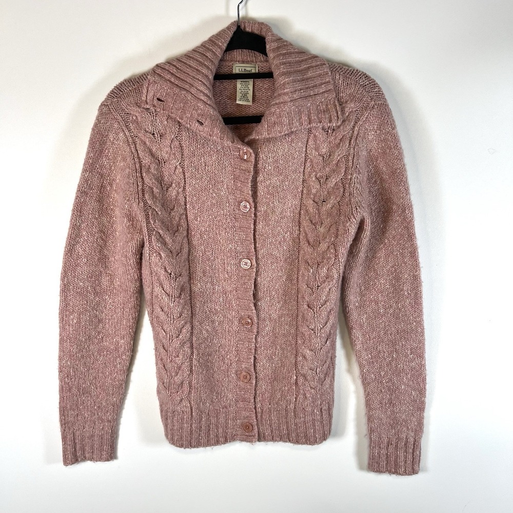 L.L. Bean Womens Long Sleeve Button-Up Wool Blend Pink Sweater Sz S Cottagecore
